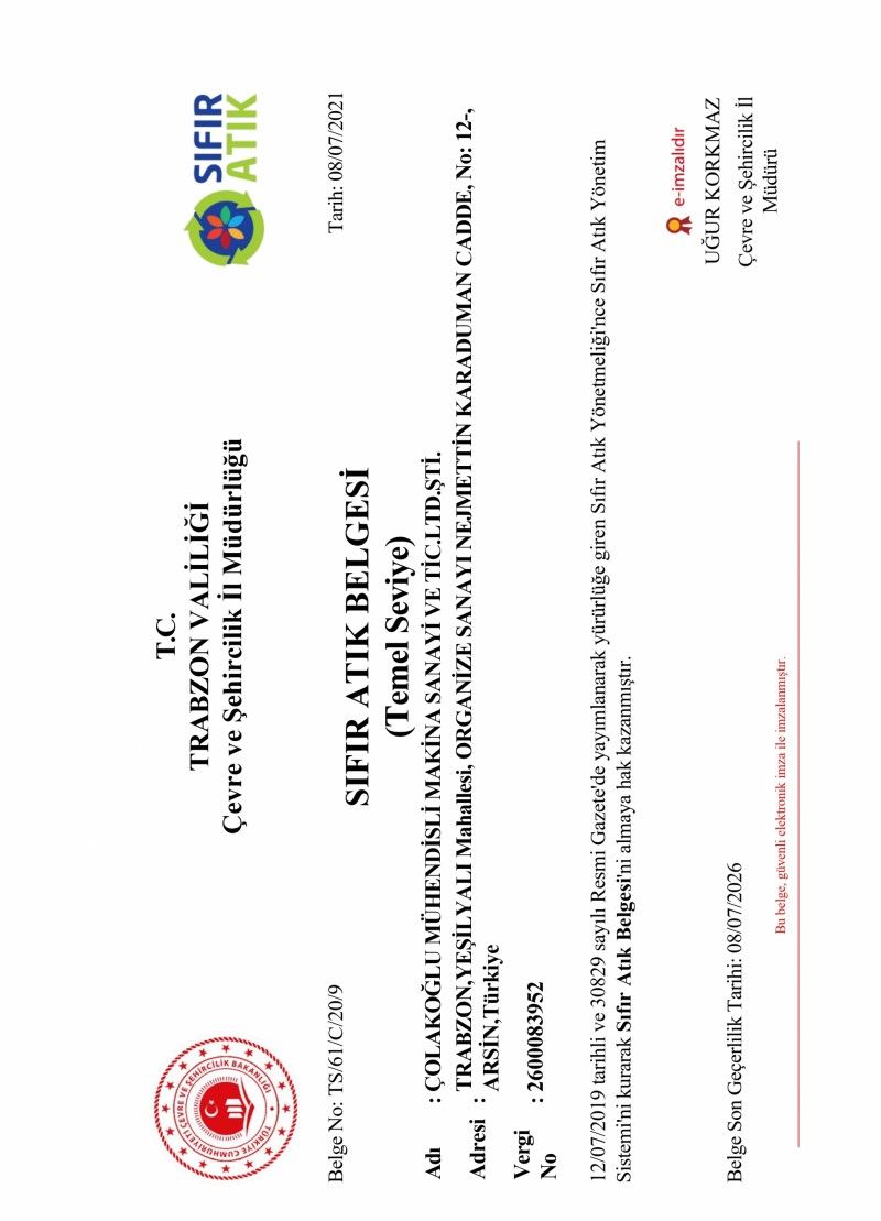 SIFIR ATIK BELGESİ - TRABZON